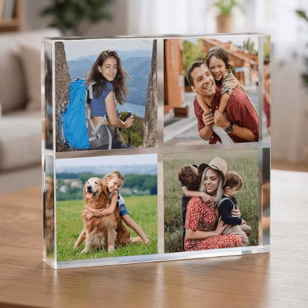 Personalized freestanding acrylic photo collage block featuring four custom photos of family, travel, pets, and everyday memories.