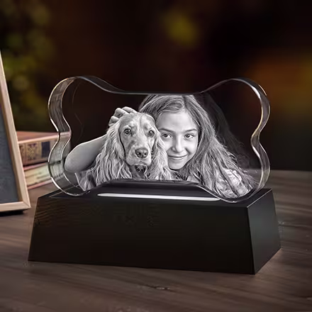 2D Pet Bone Crystal engraved with a girl and her dog, displayed on a black LED light base.