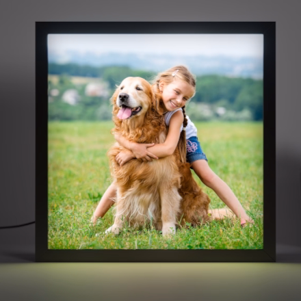 Personalized wooden photo light box displaying a custom photo of a girl hugging her golden retriever with warm LED illumination.